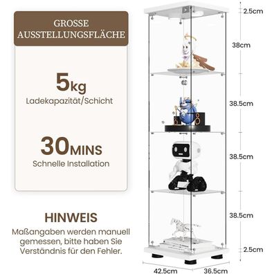 Aufhellen Glas Standvitrine mit LED Beleuchtung, Weiß, 164x42.5x36.5CM, 4