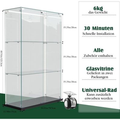 Blsyhdh Glasvitrine Standvitrine mit LED, 3 Etagen, 2 Türen und Schloss, Schwarz