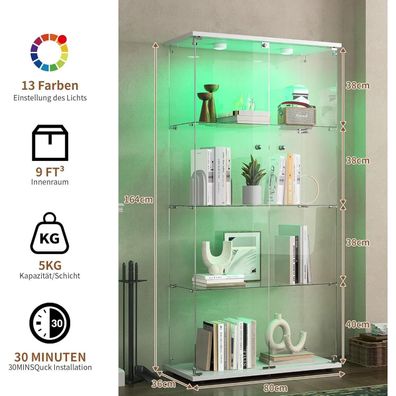 Bpkadhy Glasvitrine Standvitrine mit LED, abschließbar, 4 Glasböden, 2 Türen