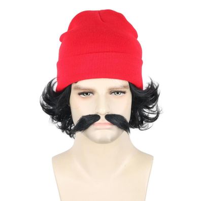 Topcosplay Herren Perücke kurz schwarz mit roter Beanie-Mütze und Schnurrbart