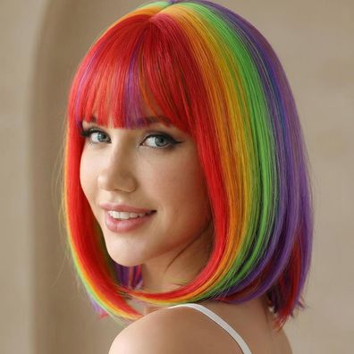 Luxiremi Damen Bob Perücke 12 Zoll Glatt Synthetik Regenbogen mit Pony für