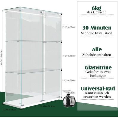 Bpkadhy Glasvitrine Standvitrine mit LED Beleuchtung, 3 Glasböden, 2