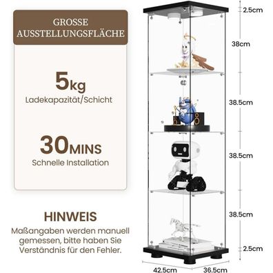 Aufhellen Glas-Standvitrine mit LED, 164x42.5x36.5cm, Schwarz, 4 Böden