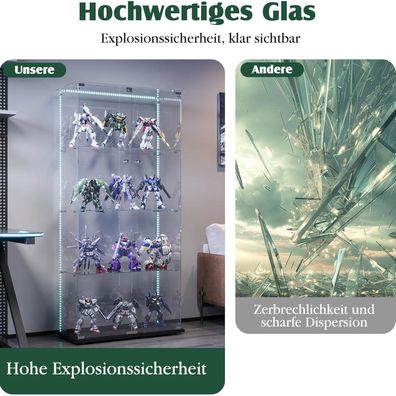 Zorvani Glasvitrine Standvitrine mit LED Beleuchtung, 4 Lagen Glas, 2 Türen mit