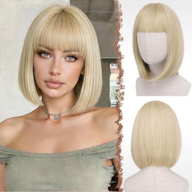 Feshfen Kurze Bob Perücke Hellblond mit Pony, 30 cm Synthetik, hitzebeständig
