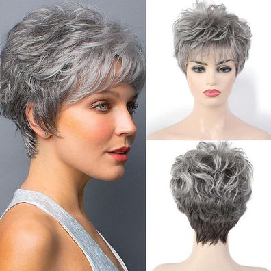 Haircube Kurze Lockige Graue Pixie Cut Perücke für Damen - Pflegeleichte