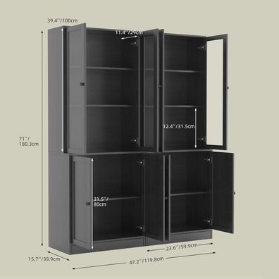 VOWNER 5-stöckiges Bücherregal mit Glastüren, 180 cm Vitrinenschrank