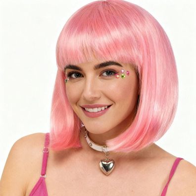Luxiremi Bob Perücke Damen 12 Zoll Kurz Glatt Rosa Synthetik mit Pony für