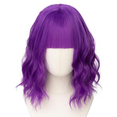Luxiremi Violette Lockige Bob-Perücke mit Pony, 12 Zoll, Synthetik, Cosplay