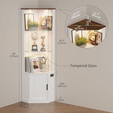 Gurexl 175CM Eckvitrine Weiß mit 24 RGB LED Beleuchtung und intelligenter