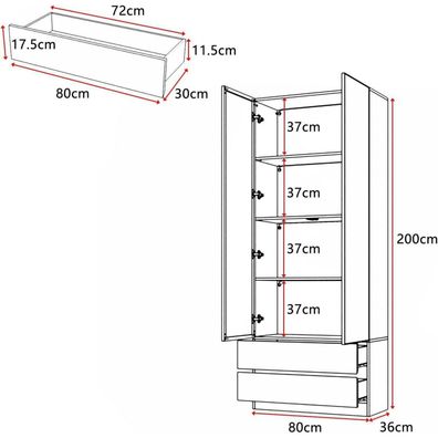 Caldion Glasvitrine mit 3-farbiger LED-Beleuchtung, 2 Türen, 2 Schubladen, 6