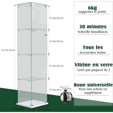 Mioosut Glasvitrine mit 4 Ebenen und mehrfarbiger LED-Beleuchtung, weiß, 1 Tür