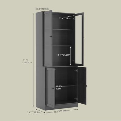 VOWNER 5-stöckiges Bücherregal mit Glastüren, 180 cm Vitrinenschrank