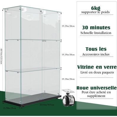 Mioosut Glasvitrine mit 3 Etagen, 2 Türen und mehrfarbiger LED-Beleuchtung