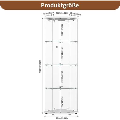Mioosut Eckvitrine mit Glastüren und LED-Beleuchtung, 4 Ebenen, abschließbar