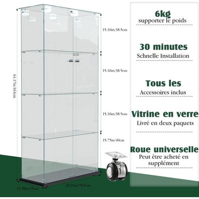 Mioosut Glasvitrine mit 4 Ebenen, 2 Türen und mehrfarbiger LED-Beleuchtung für