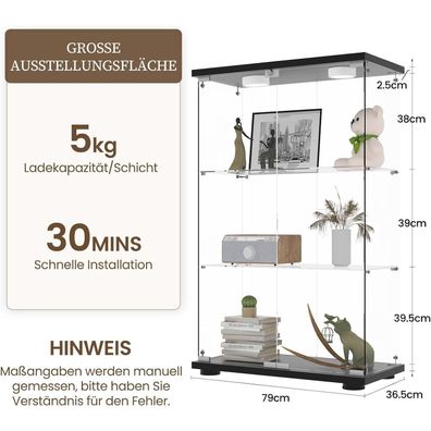 Aufhellen Glas Standvitrine mit LED Beleuchtung, Schwarz, 125x79x36.5CM, 3 ESG