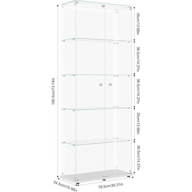 Bpkadhy Glasvitrine Standvitrine mit 5 Glasböden, 2 abschließbaren Glastüren