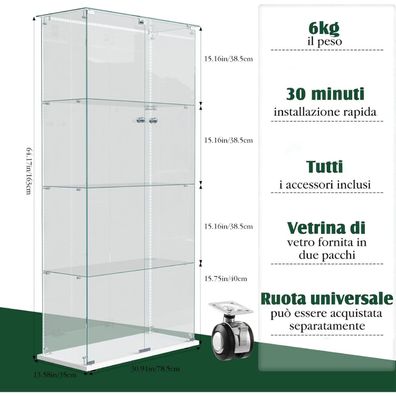 Zorvani Glasvitrine Standvitrine mit LED Beleuchtung, 4 Lagen Glas, 2 Türen mit