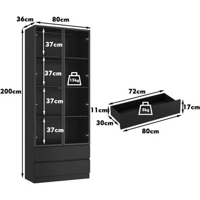Caldion Vitrinenschrank mit 3 LED-Beleuchtung, 2 Glastüren, 2 Schubladen