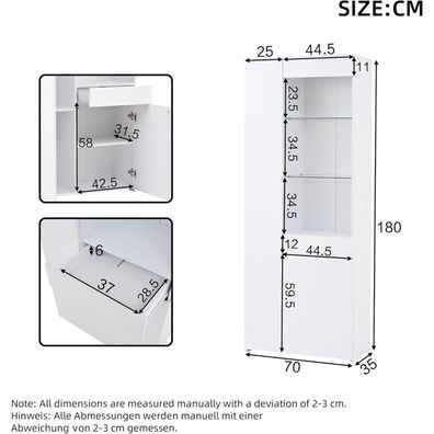 LANTRO JS Glasvitrine Weiß mit LED-Beleuchtung, 70x35x180 cm, 3 + 2 Ebenen