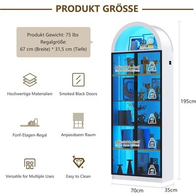 Fredees Vitrine 195cm mit LED-Beleuchtung und Türen, 6-stöckiges Bücherregal in