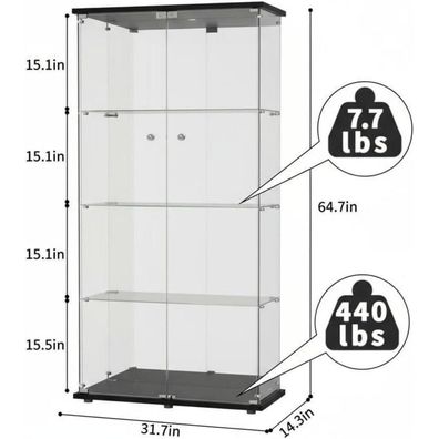 Bpkadhy Glas Standvitrine mit Schloss, 2 Türen und 4 Fächern - Ideal für