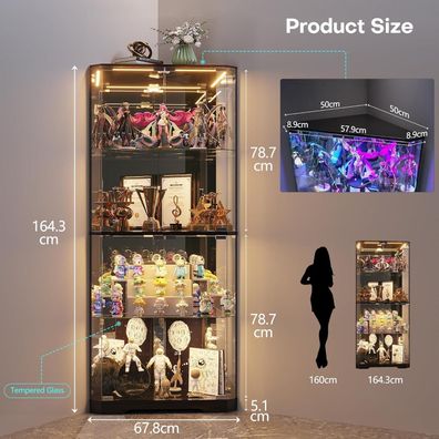 Fredees 164cm Eckvitrine mit RGB-Beleuchtung, 4-Etagen Glasvitrine für