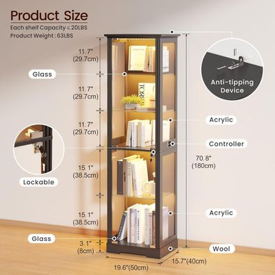 Gurexl 180 cm Glasvitrine mit LED Beleuchtung und intelligenter Sensorik