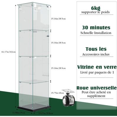 Timorwtf Glasvitrine mit LED-Beleuchtung, 1 verschließbare Tür, 4 Regalböden