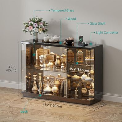 Gurexl LED Glasvitrine mit Körpersensor, Sideboard Hochglanz Schwarz