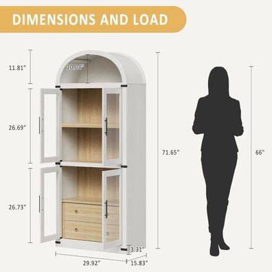 GarveeMore Gewölbte Glasvitrine 182cm mit Glastüren, 4 Regalen und 2