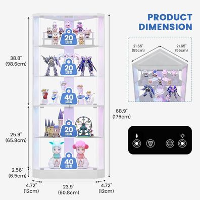 Lvifur Eckvitrine mit LED Beleuchtung, 5-lagige Glasvitrine 175cm in Weiß für