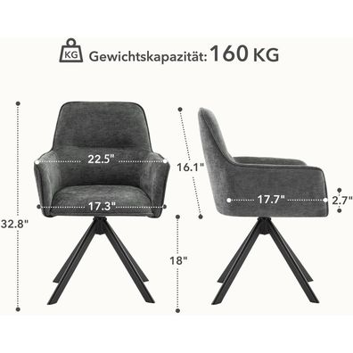Ckaff Esszimmerstühle Drehbar mit Armlehne 2er Set, 360° Polsterstuhl aus