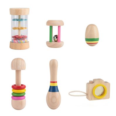 6er Set Montessori Holz Baby Rasseln - Sensorik Musik Spielzeug für Jungen und