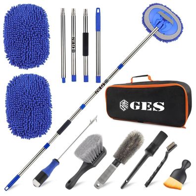 GES Teleskop Wischmopp Set mit langem Stiel, 2 Mikrofaser-Köpfe, Tasche, Blau