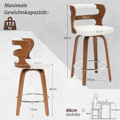 LUE BONA 2er Set Barhocker 66cm mit Lehne & Armlehnen, drehbar, Kunstleder