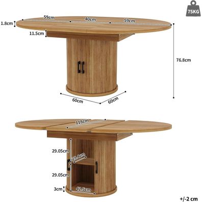 Qsddk Runder Ausziehbarer Esstisch mit Stauraum, Walnut, 118-158cm