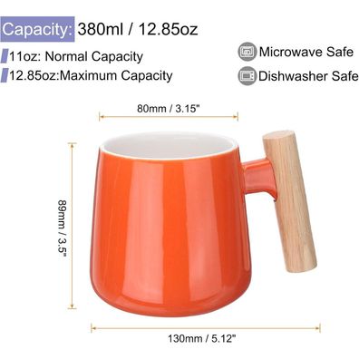 Quarkzman Keramik Kaffeetasse 380ml mit Holzgriff, Deckel & Löffel - Orange