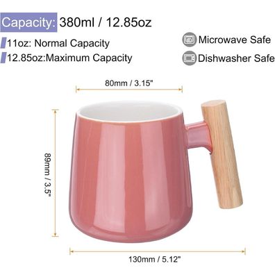 Quarkzman Keramik Kaffeetasse Becher 380 ML mit Holzgriff, Deckel & Löffel, Rosa