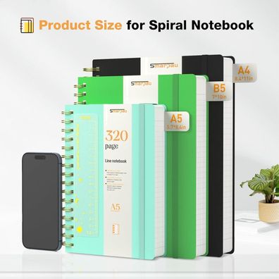 Smarpau Spiral Notizbuch B5, 320 Seiten, 100gsm Papier, Wasserfestes PVC