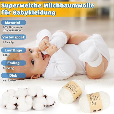 Coopay Häkelwolle Set, 450g (10x45g) Weiches Babygarn für Anfänger, Milk