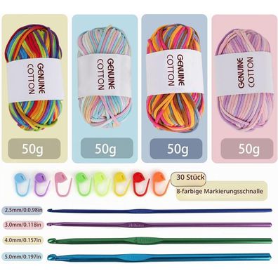 elthmpr Häkelgarn Set - 4x50g Baumwoll-Nylon Wolle für Anfänger, weich