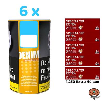 Denim Volumentabak/Stopftabak Dose 6x 85g + Gizeh Special Tip Extra Hülsen
