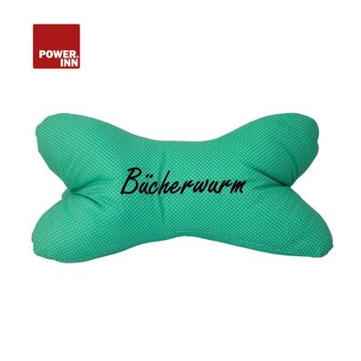 POWER INN® Leseknochen | Bestickt | Türkis "Bücherwurm" | Nackenkissen | Reisekissen