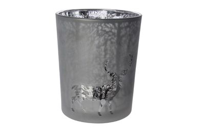 Teelichthalter Glas Windlicht Laser Hirsch grau Ø 10 x 12,5 cm