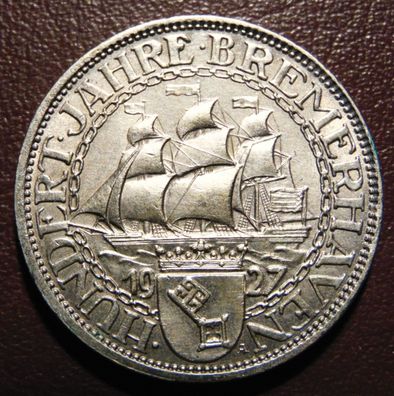 3 Reichsmark 1927 A. Bremerhaven