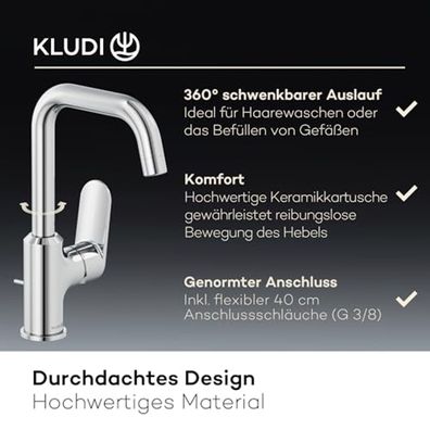 KLUDI X1 Waschtischarmatur mit Pop-up-Ablauf, 360? schwenkbar und wassersparend