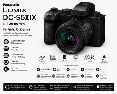Panasonic Lumix DC-S5IIX Kit 20-60 mm Vollformat 24,2 Megapixel Full HD USB-LAN -