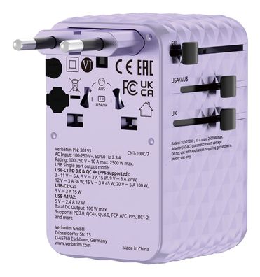 Verbatim 30193 Ladegerät für Mobilgeräte Universal Violett AC Schnellladung Drinnen